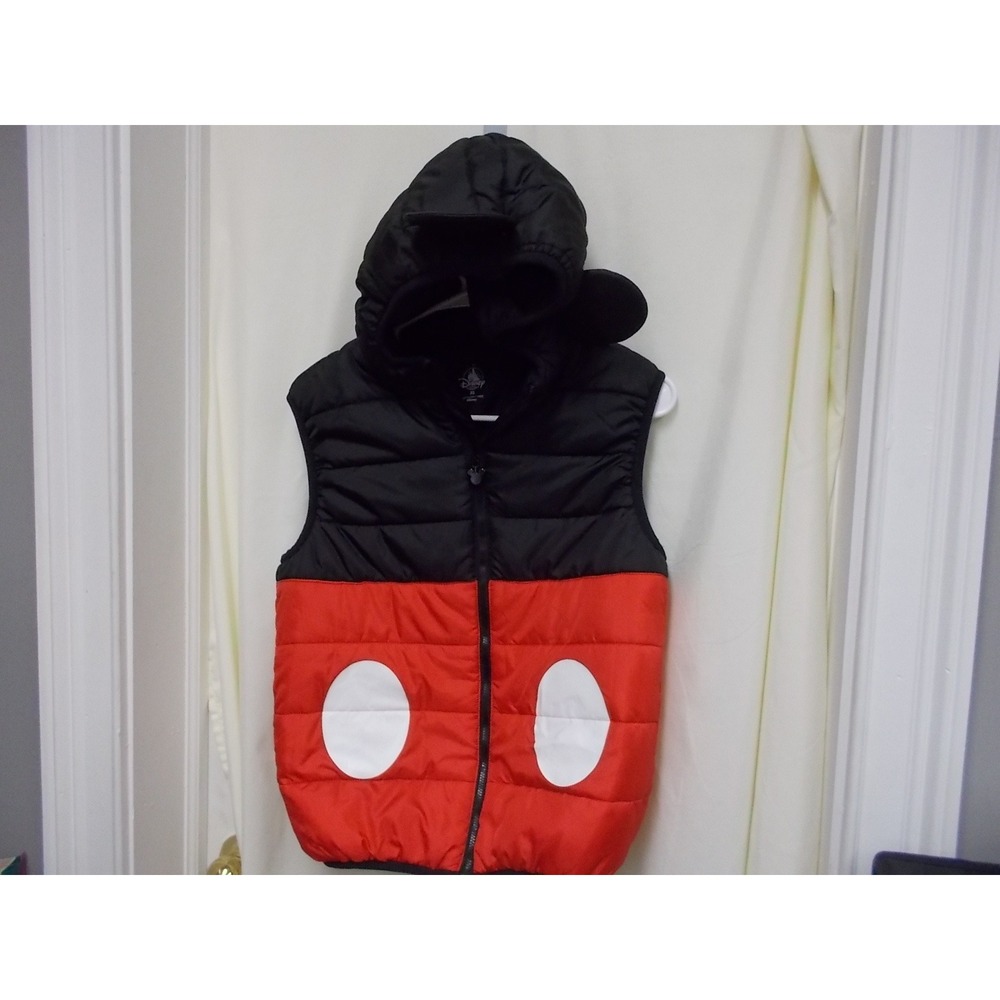 Disney Parks Mickey Mouse Kids Puffer Vest Black Red Hooded Ears XL